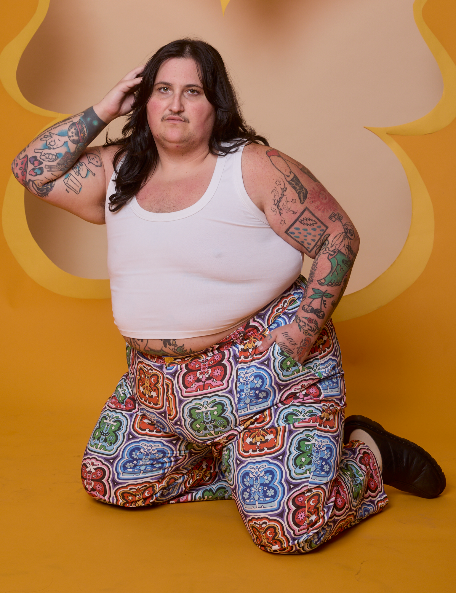 Butterfly Kaleidoscope Work Pants and Cropped Tank in Vintage Tee White on Sam