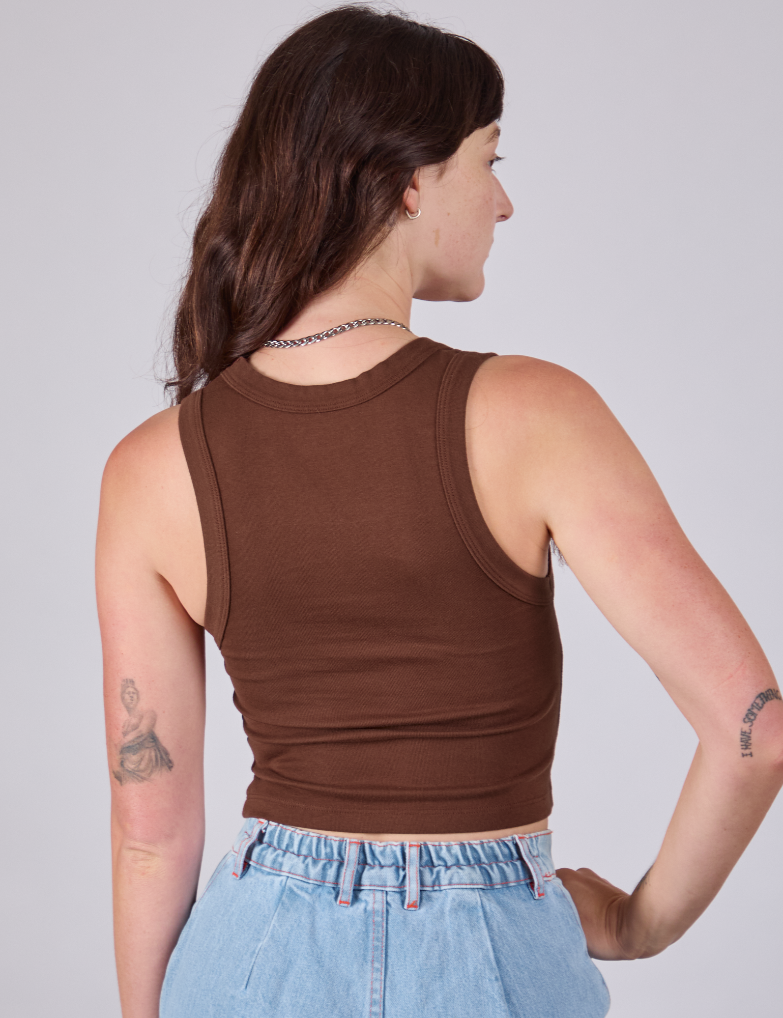 Cropped Tank Top in Fudgesicle Brown back view on Alex