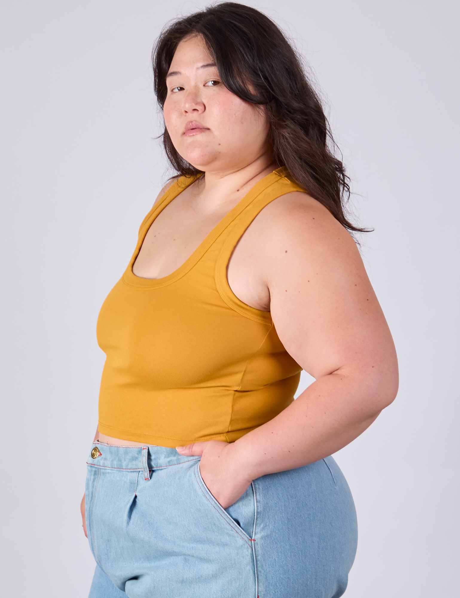 Cropped Tank Top in Mustard Yellow side view on Ashley