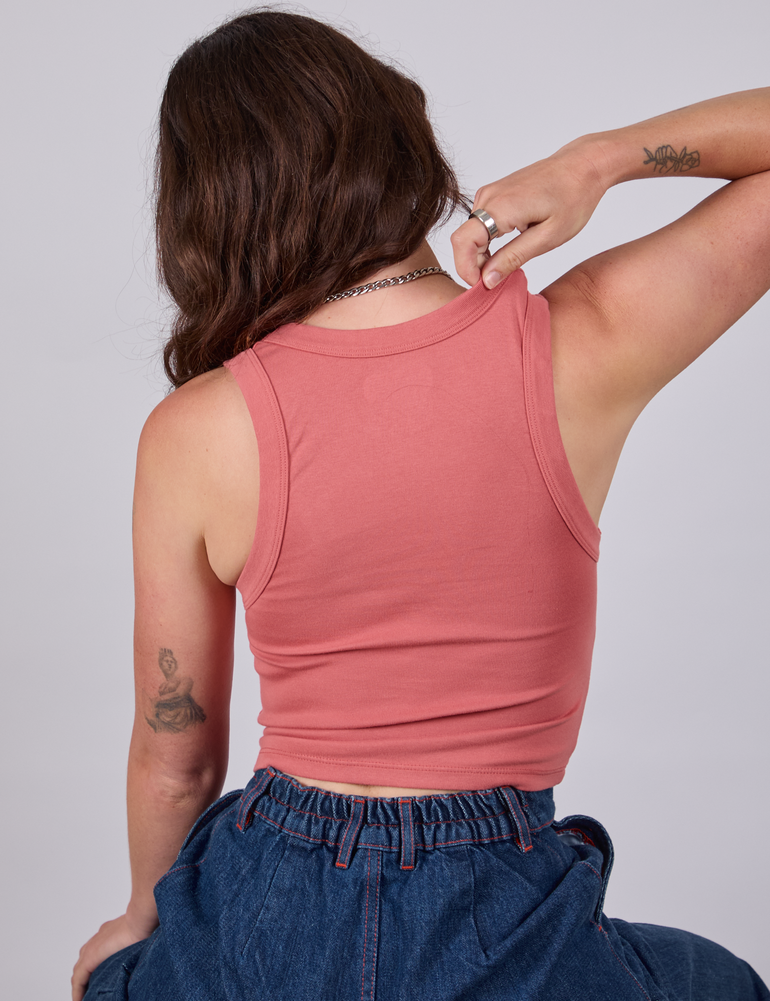 Cropped Tank Top in Raspberry Sorbet back view on Alex
