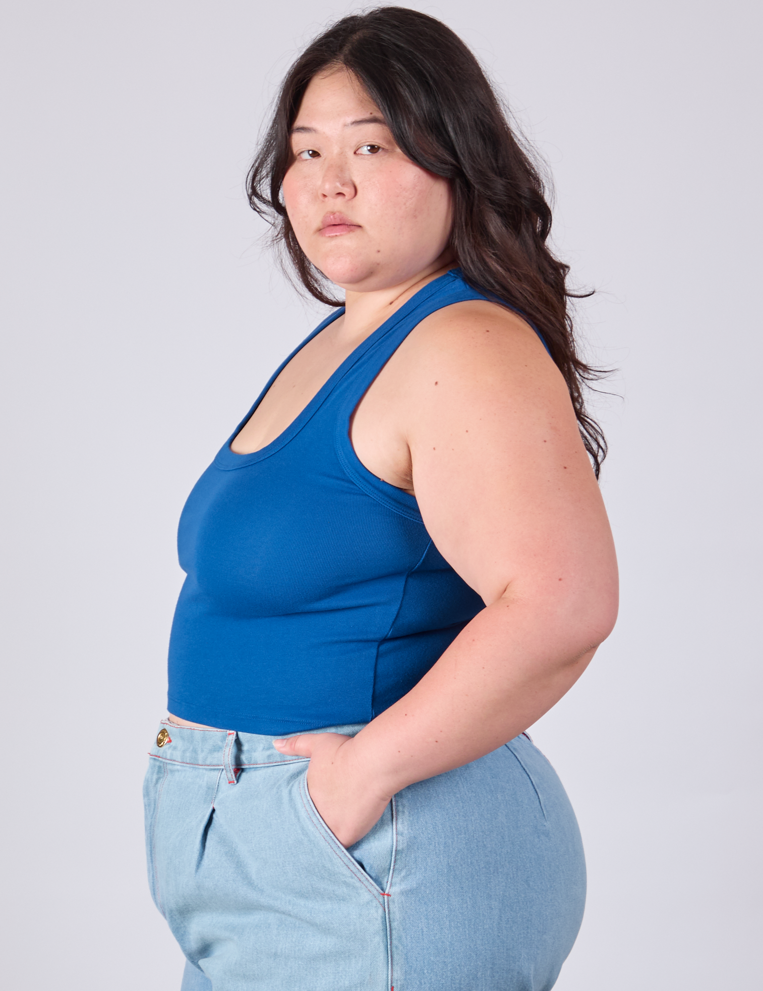 Cropped Tank Top in Royal Blue side view on Ashley