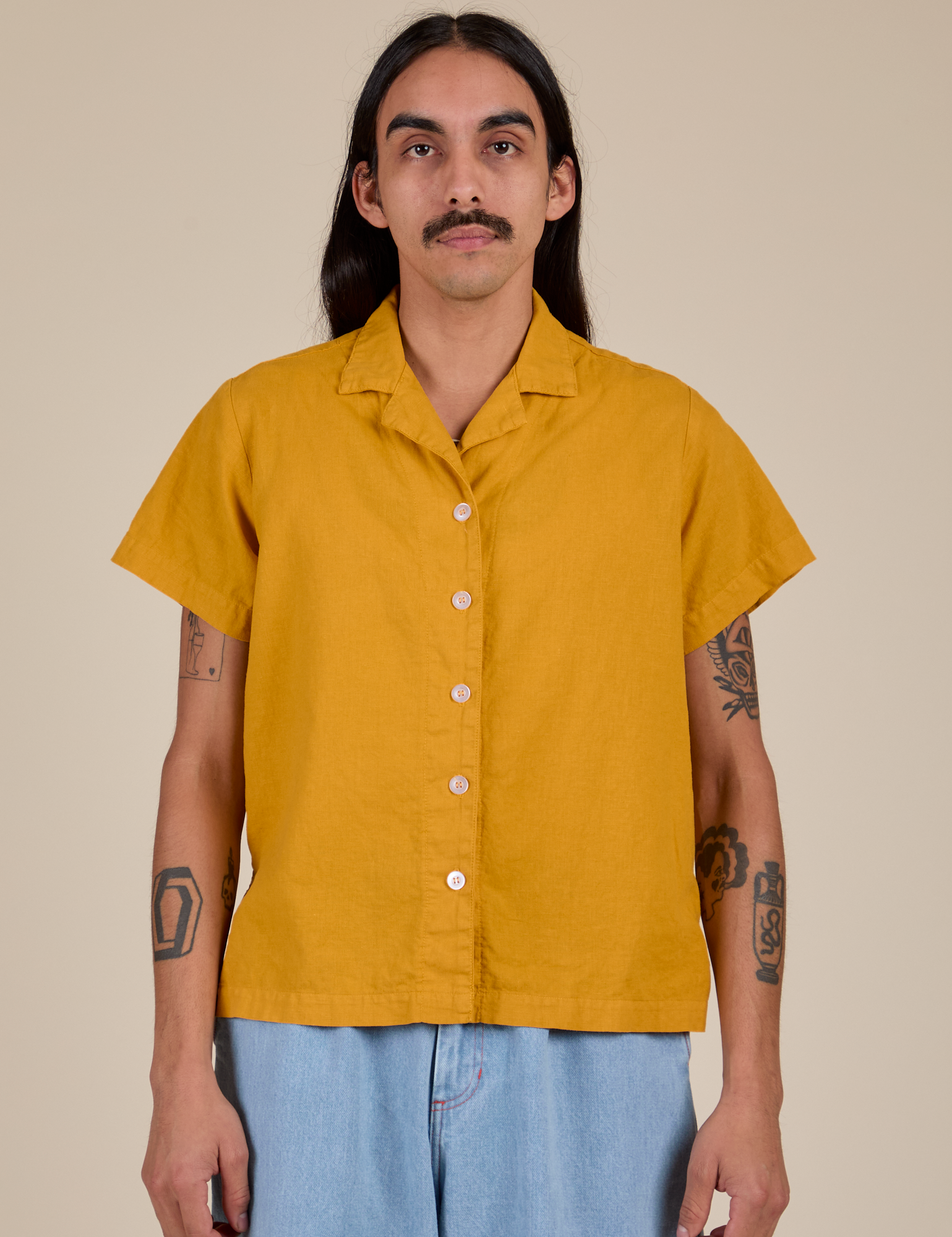 Pantry Button-Up in Mustard Yellow buttoned up on Anthony