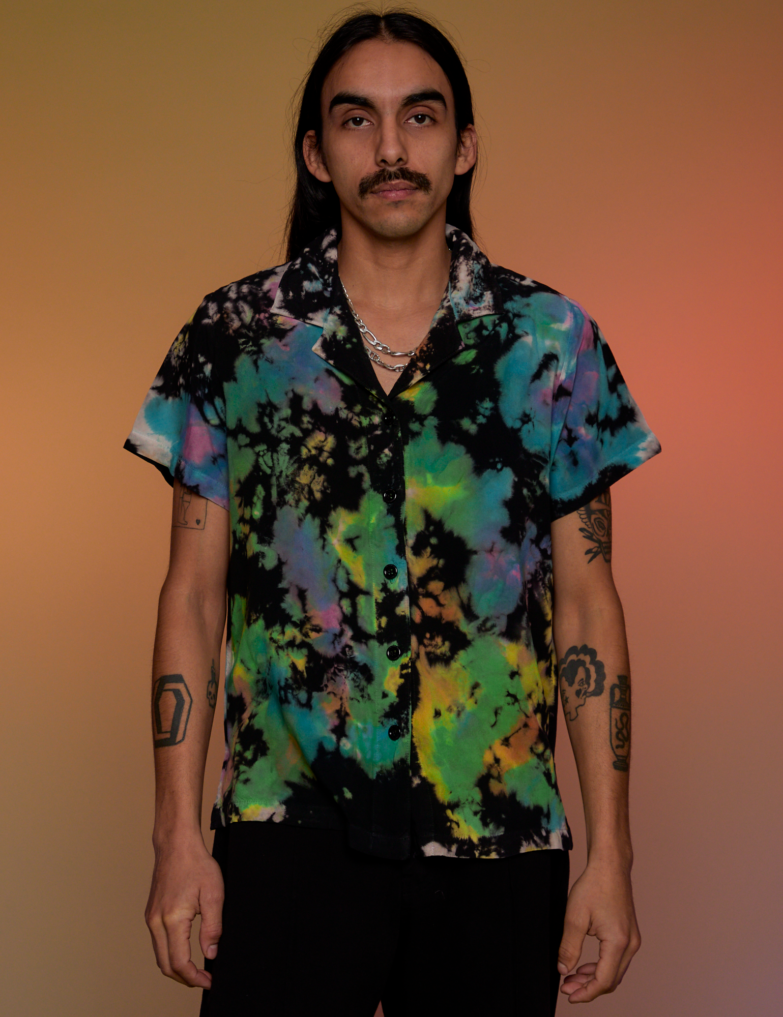 Pantry Button-Up in Rainbow Magic Waters buttoned up on Anthony