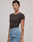 Angled front view of Baby Tee in Espresso Brown on Alex