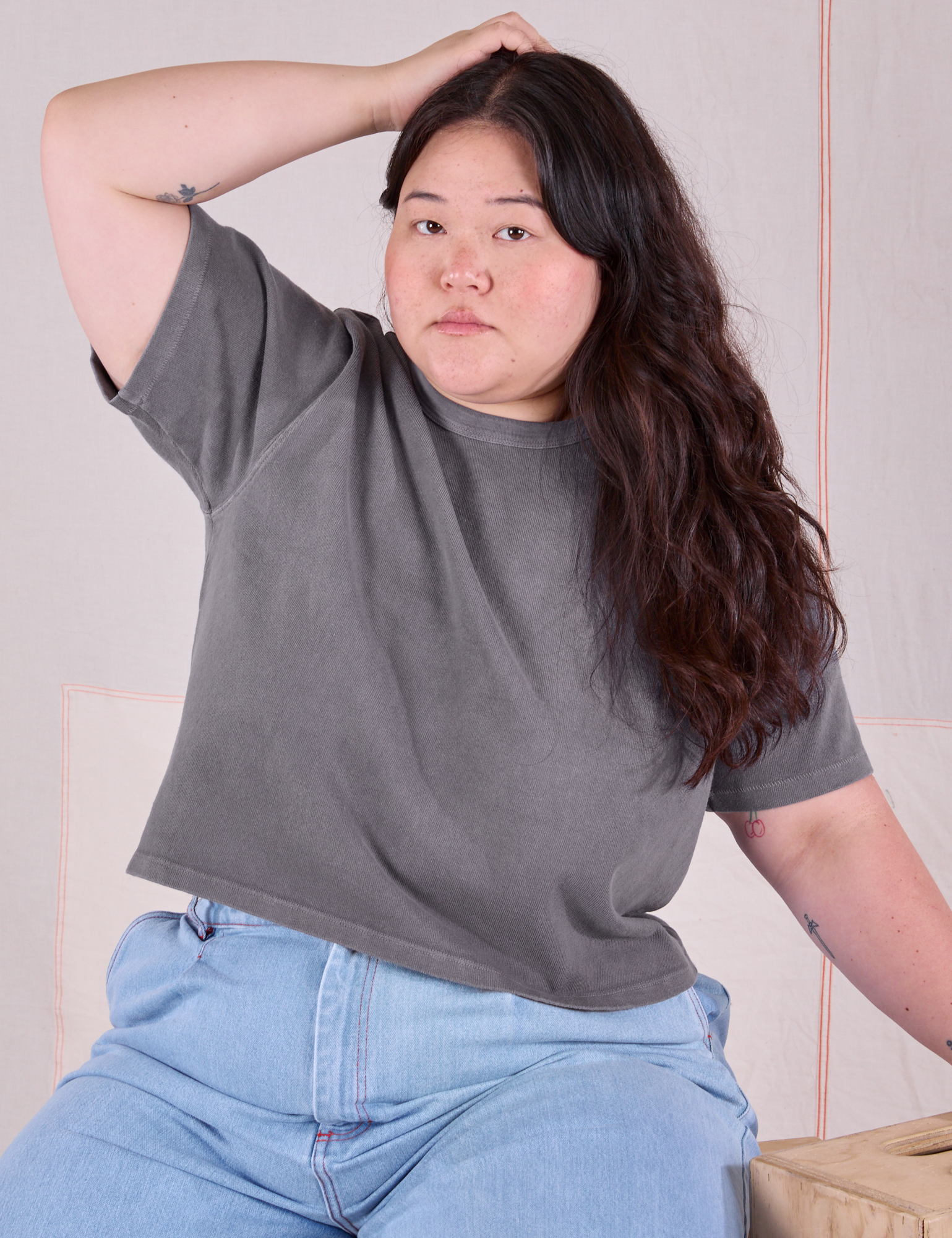 Cropped Burly Tee in Washed Grey worn by Ashley