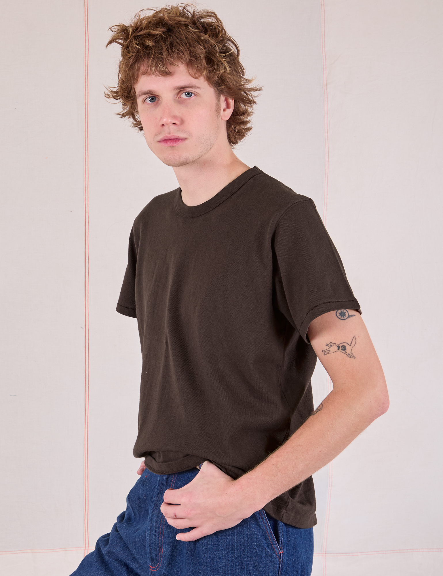 Burly Tee in Espresso Brown angled front view on Quinn