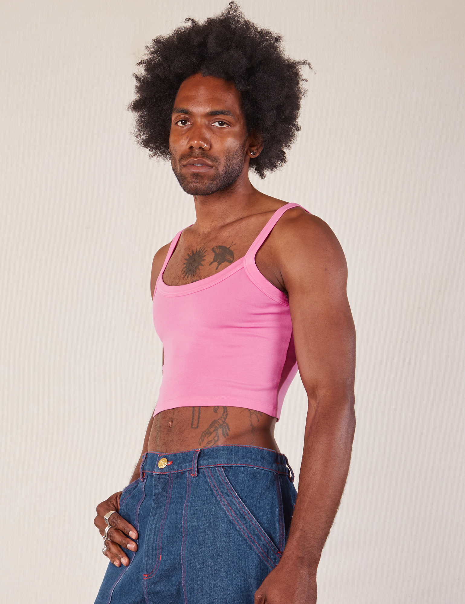 Cropped Cami in Bubblegum Pink angled front view on Jerrod