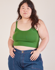 Ashley is 5’7” and wearing L Cropped Cami in Lawn Green and dark wash Carpenter Jeans