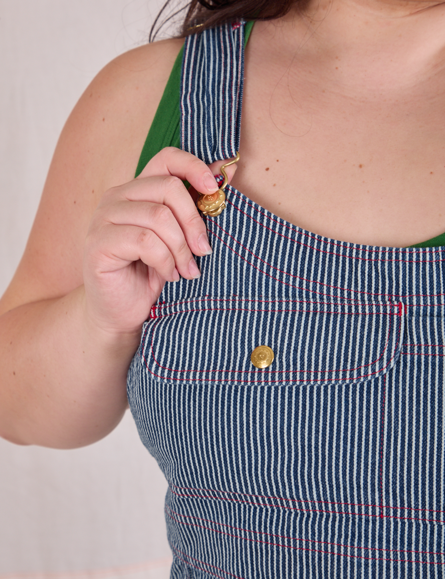 Carpenter Overalls in Railroad front close up on Ashley