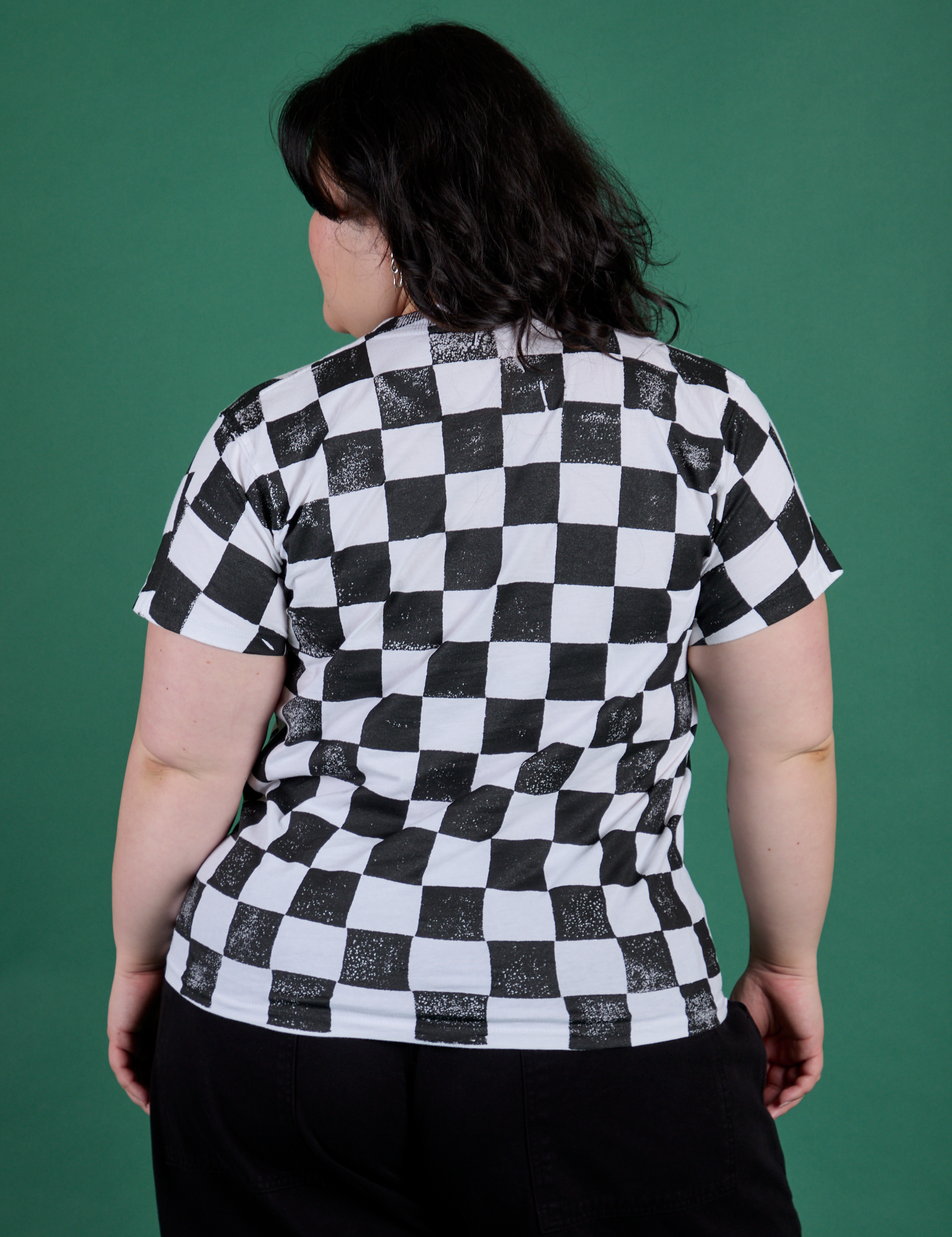 Checker Organic Tee in Black back view on Ashley