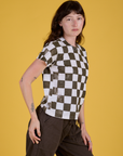 Checker Organic Tee in Espresso Brown side view on Alex