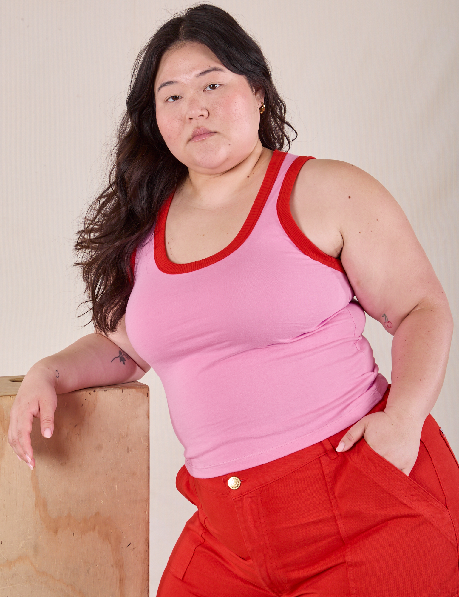 Ashley is wearing Colorblock Cropped Tank in Bubblegum Pink