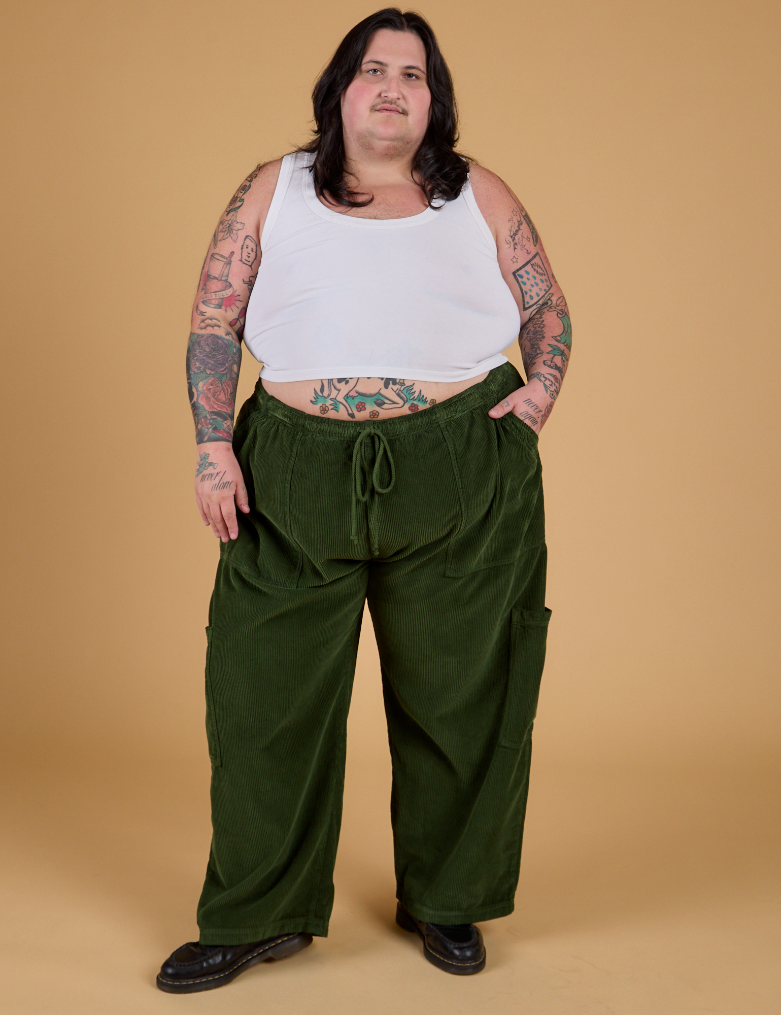 Corduroy Drop Pocket Cargo Pants - Evergreen