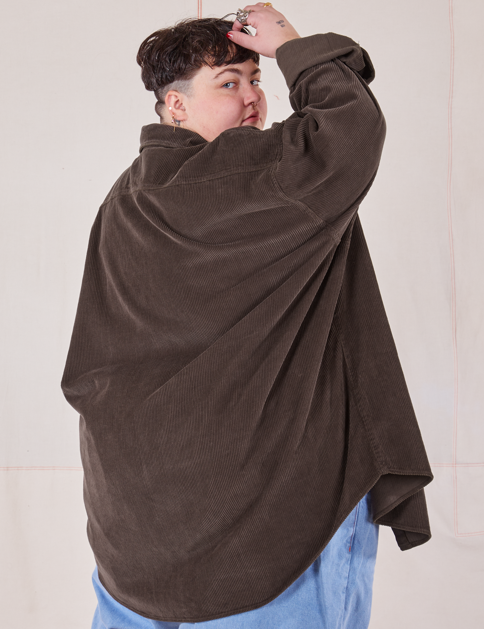 Angled back view of Corduroy Overshirt in Espresso Brown on Jordan