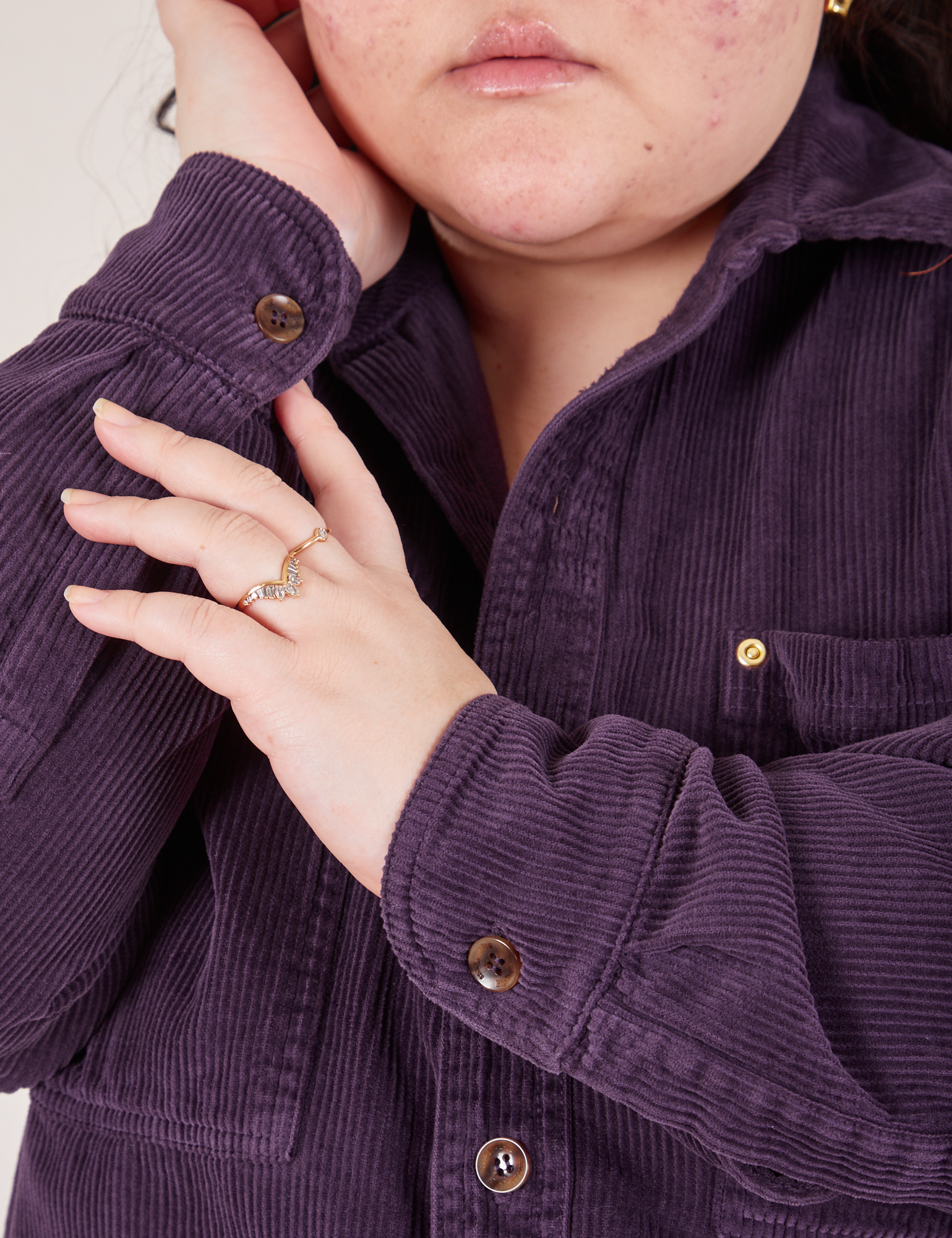 Sleeve close up of Corduroy Overshirt in Nebula Purple on Ashley