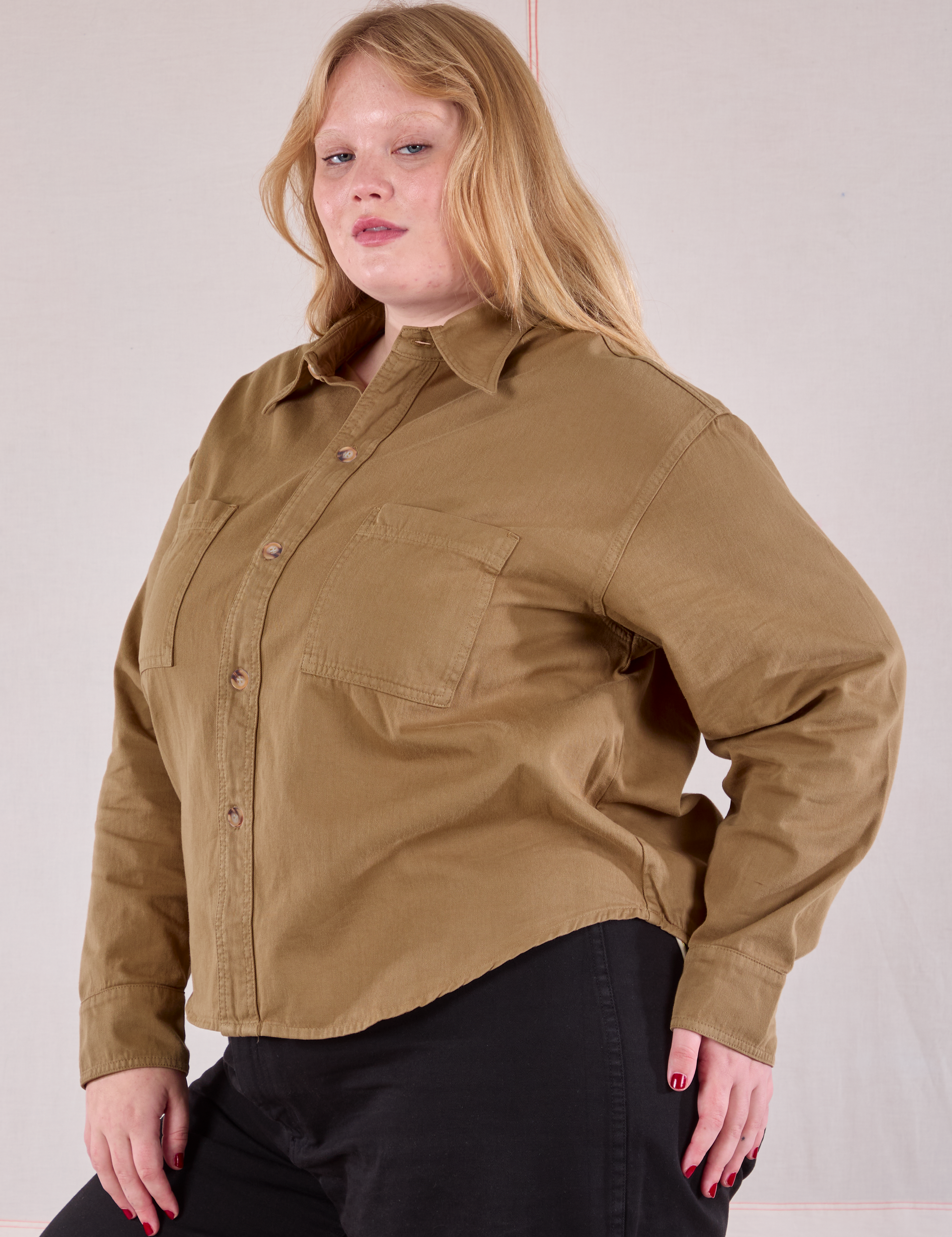 Cropped Overshirt in Desert Brown angled front view on Juliet