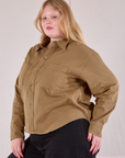 Cropped Overshirt in Desert Brown angled front view on Juliet