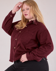 Angled front view of Cropped Overshirt in Red Wine on Juliet