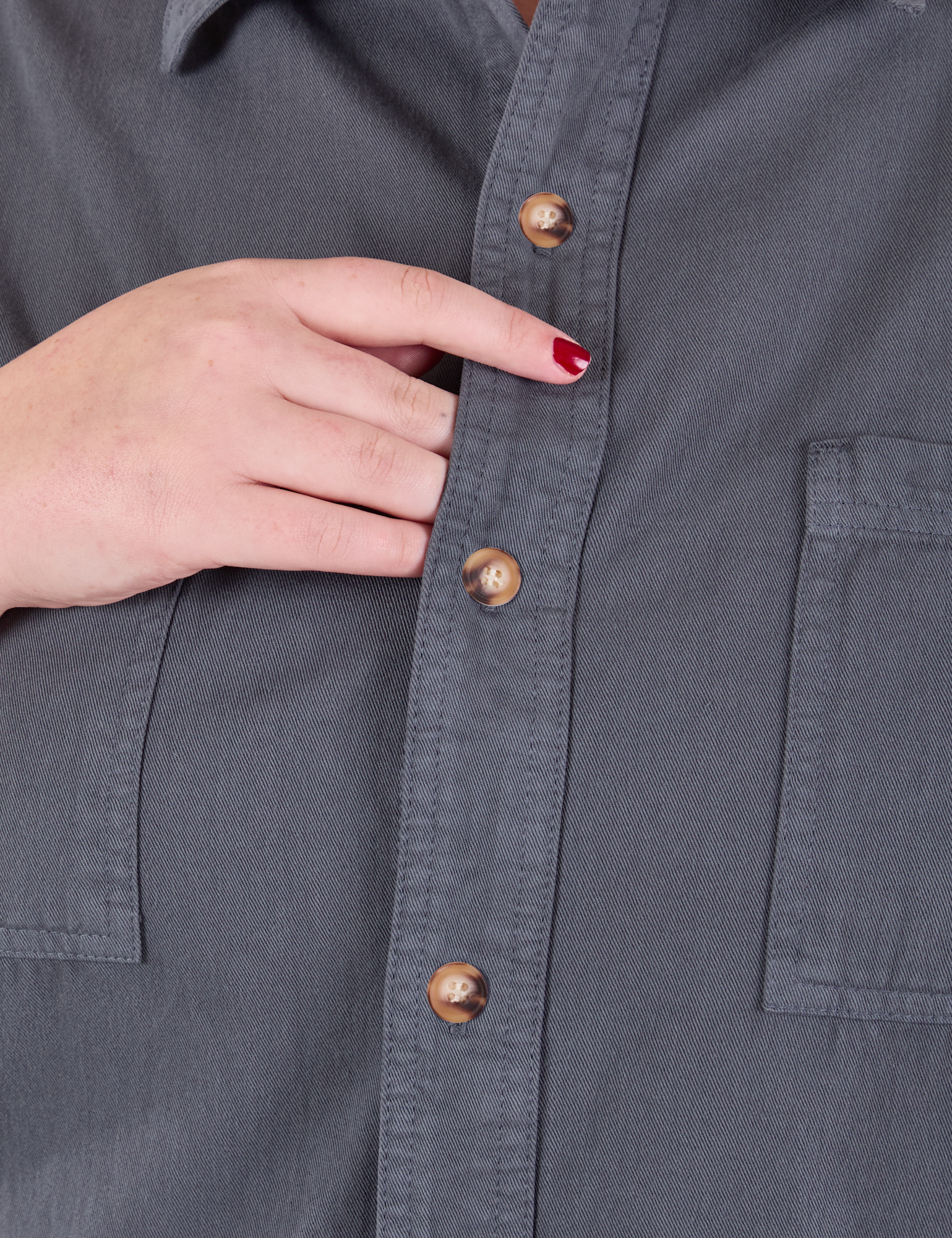 Cropped Overshirt in Slate Grey close up of button placket on Juliet 