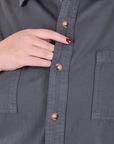 Cropped Overshirt in Slate Grey close up of button placket on Juliet 