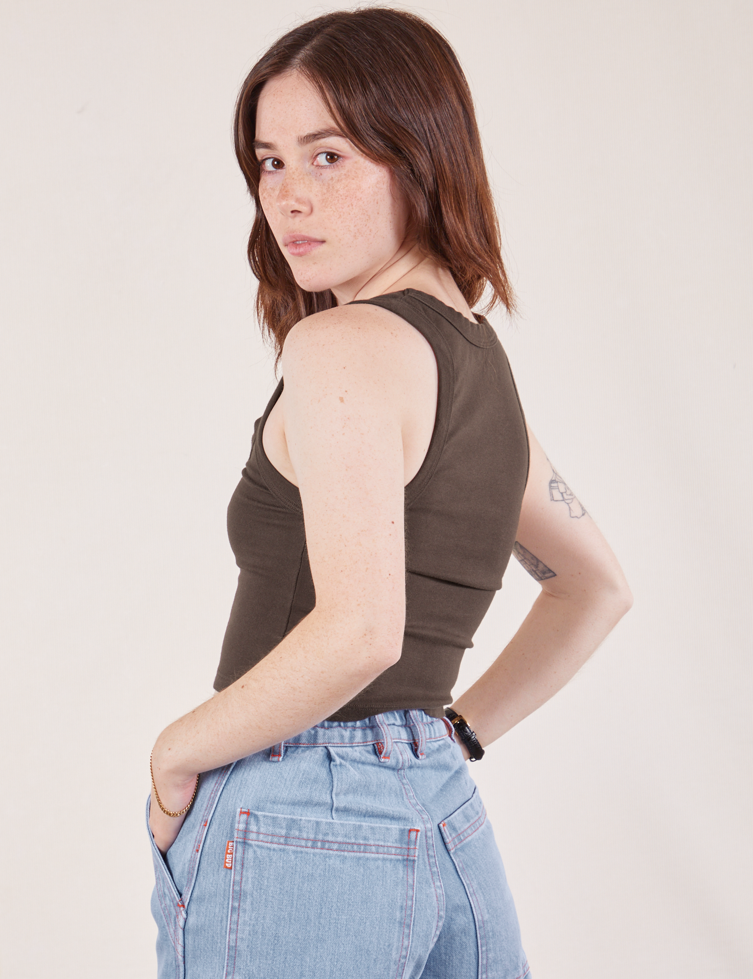 Cropped Tank Top in Espresso Brown angled back view on Hana