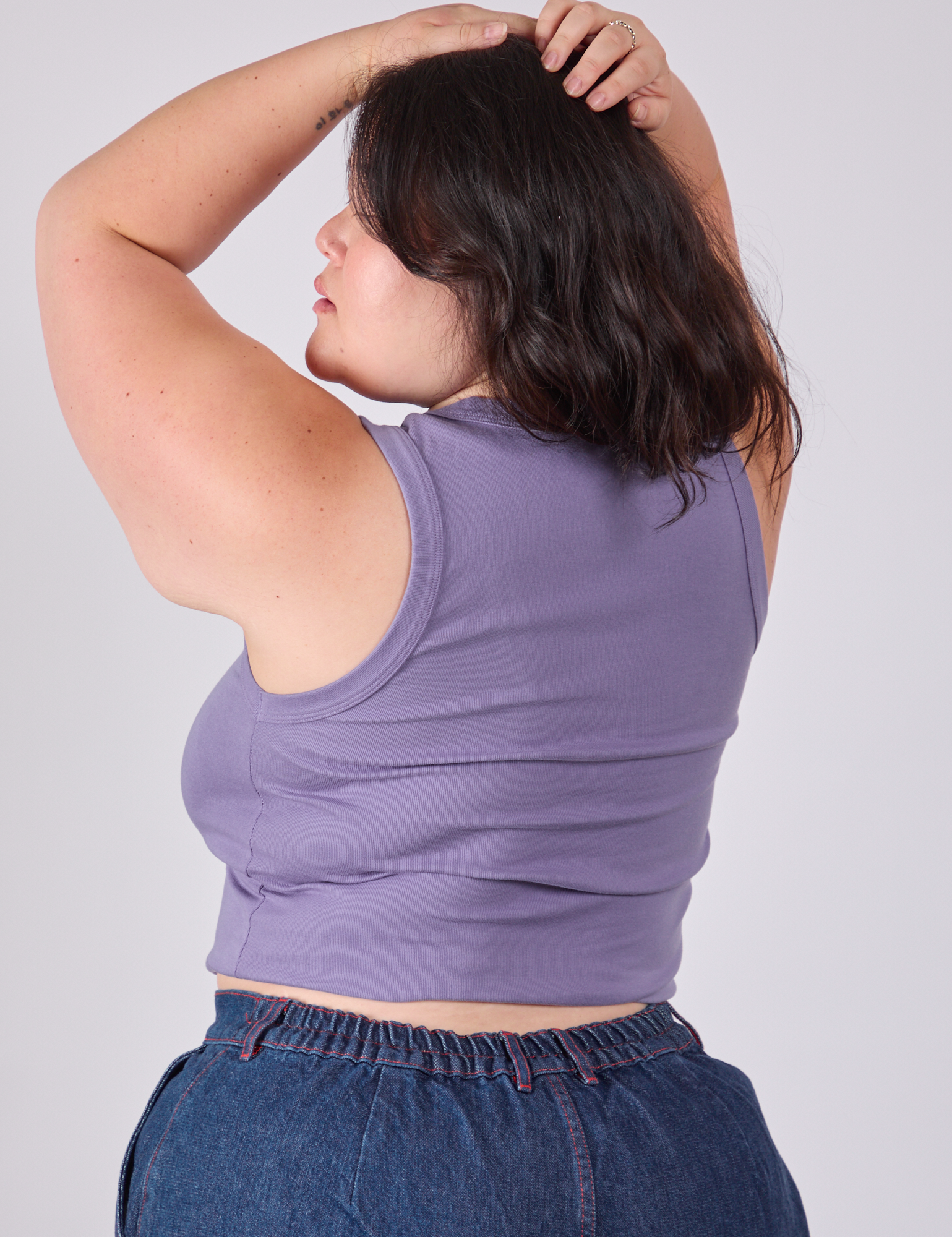 Cropped Tank Top in Faded Grape angled back view on Ashley