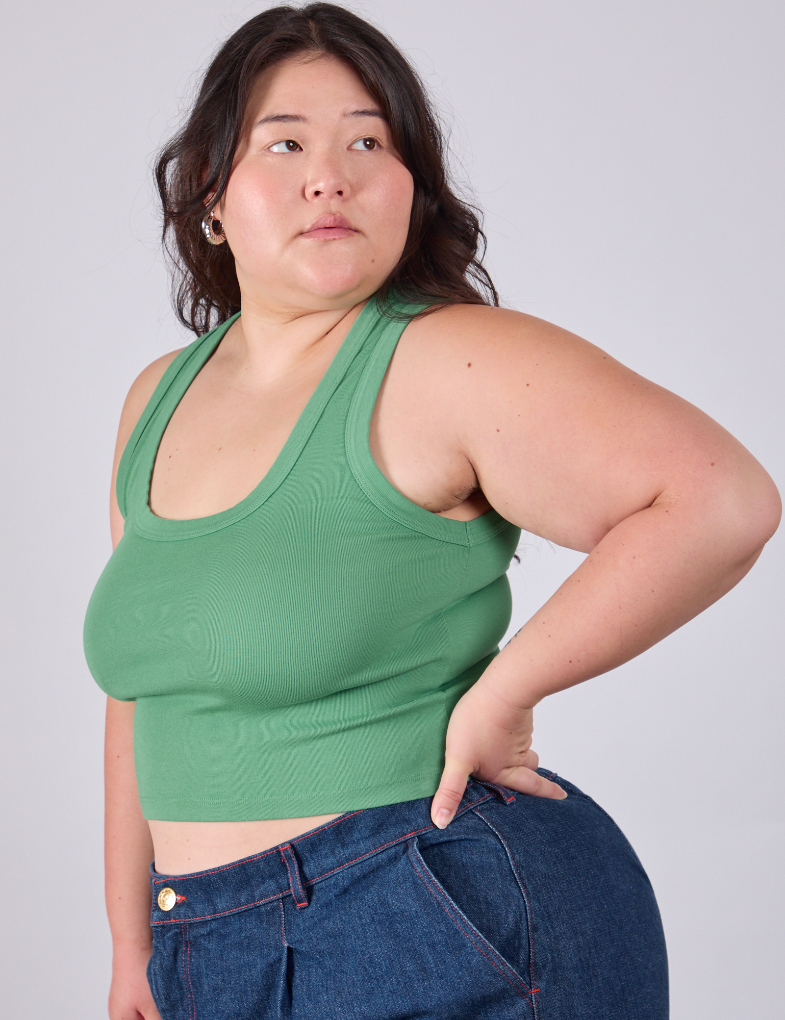 Cropped Tank Top in Seafoam Green angled front view on Ashley