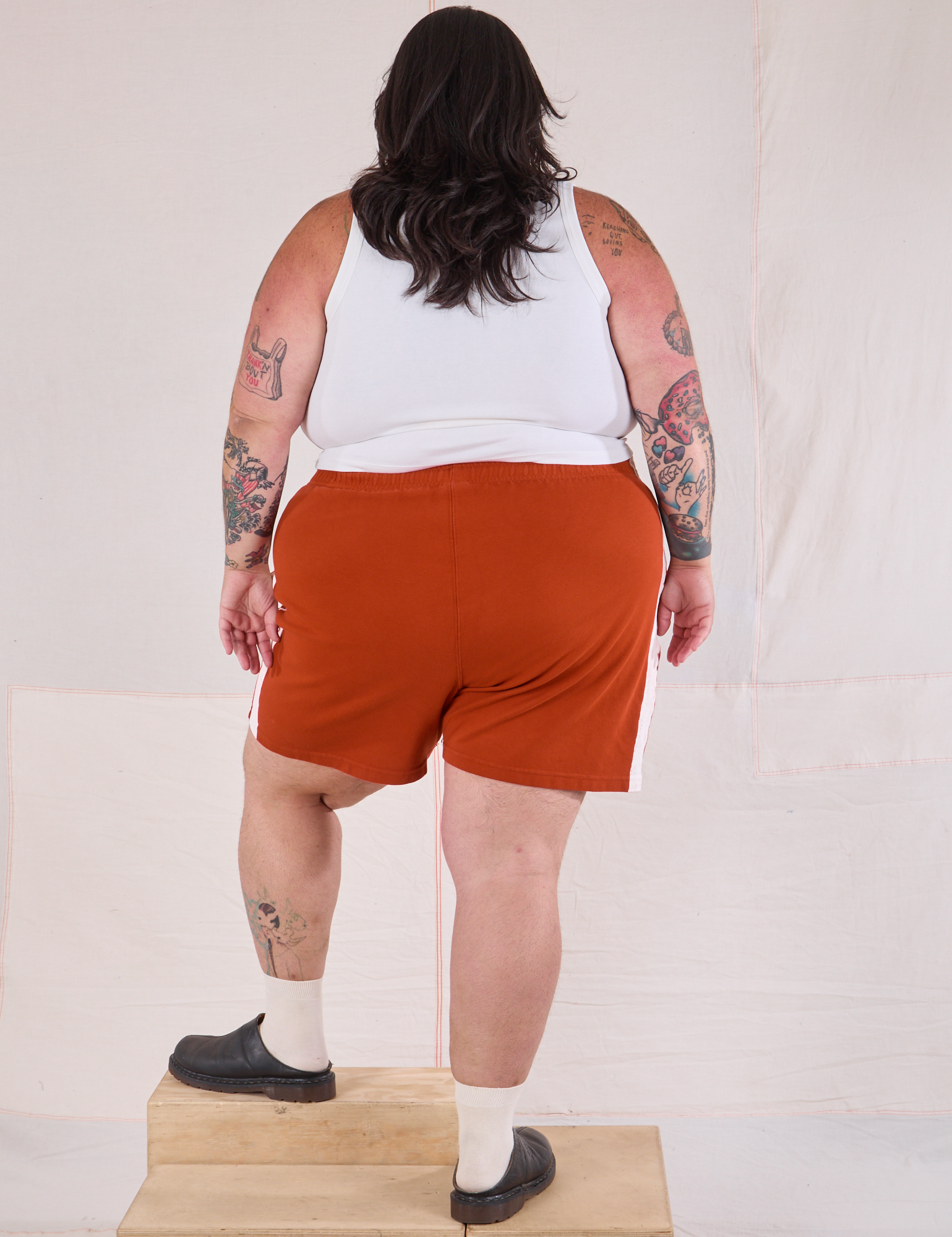 Painted Stripe Easy Shorts in Paprika back view on Sam