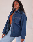 Denim Overshirt in Dark Wash front angle on Meghna