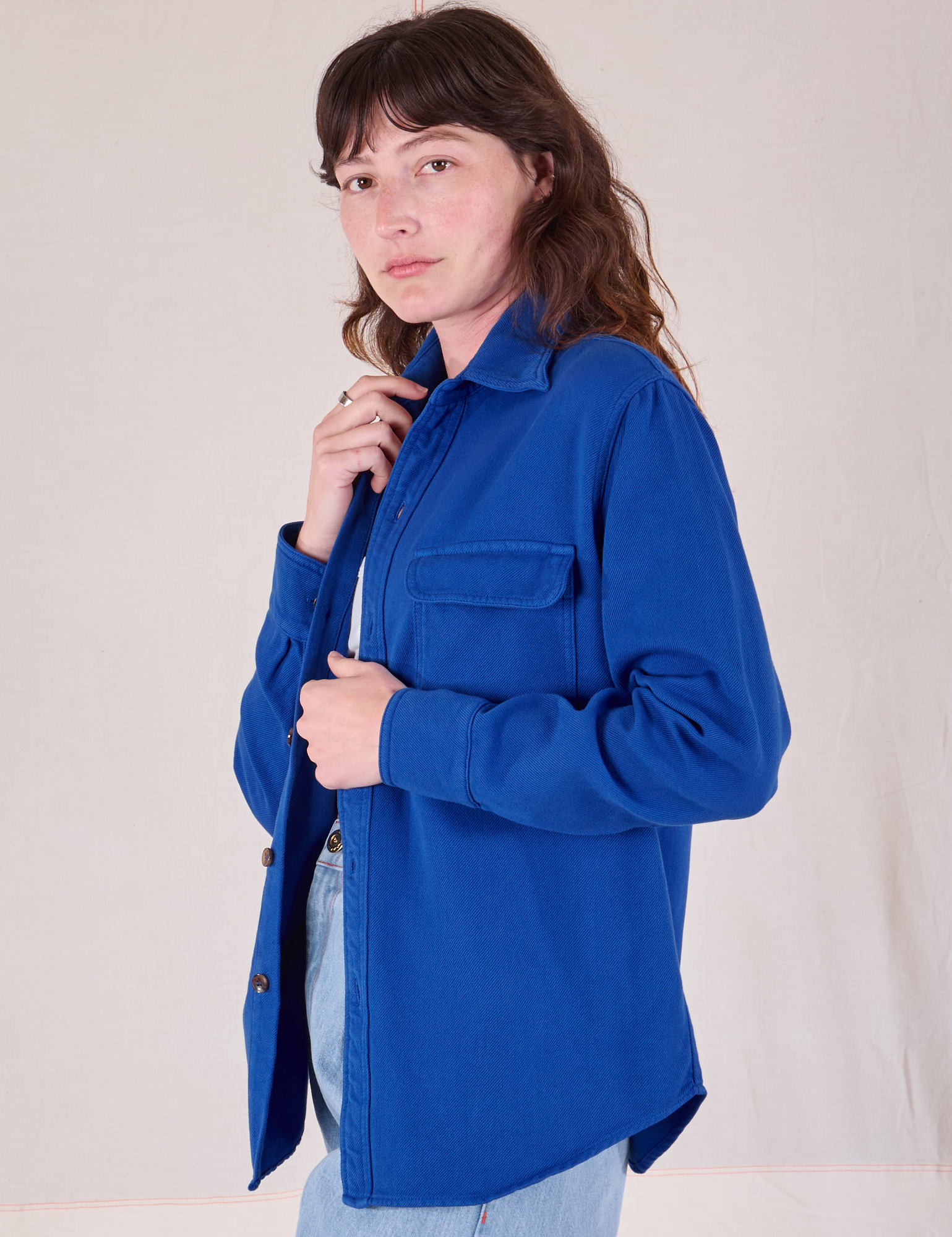 Flannel Overshirt in Royal Blue side view on Alex