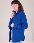 Flannel Overshirt in Royal Blue side view on Alex