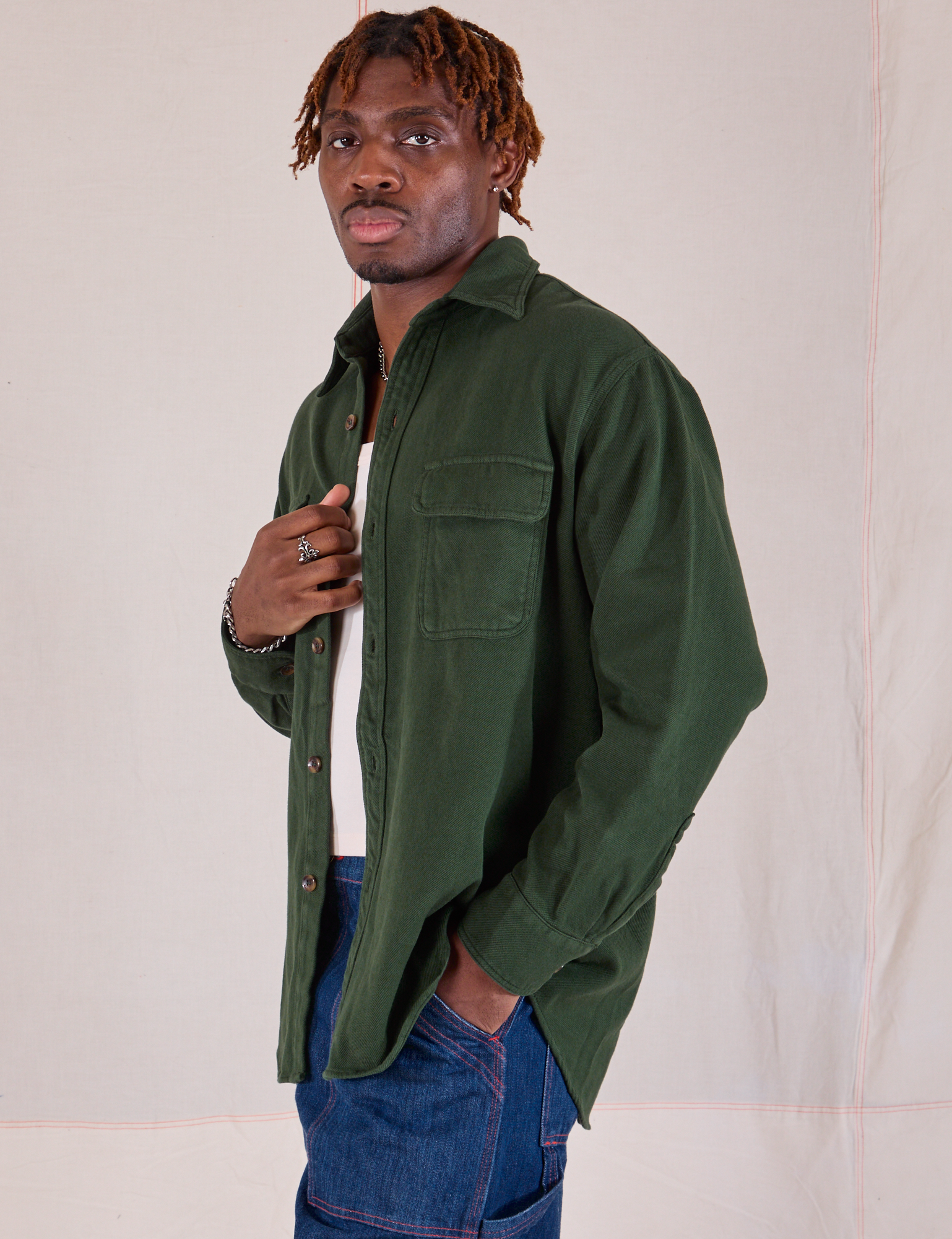 Flannel Overshirt in Swamp Green side view on Isaac