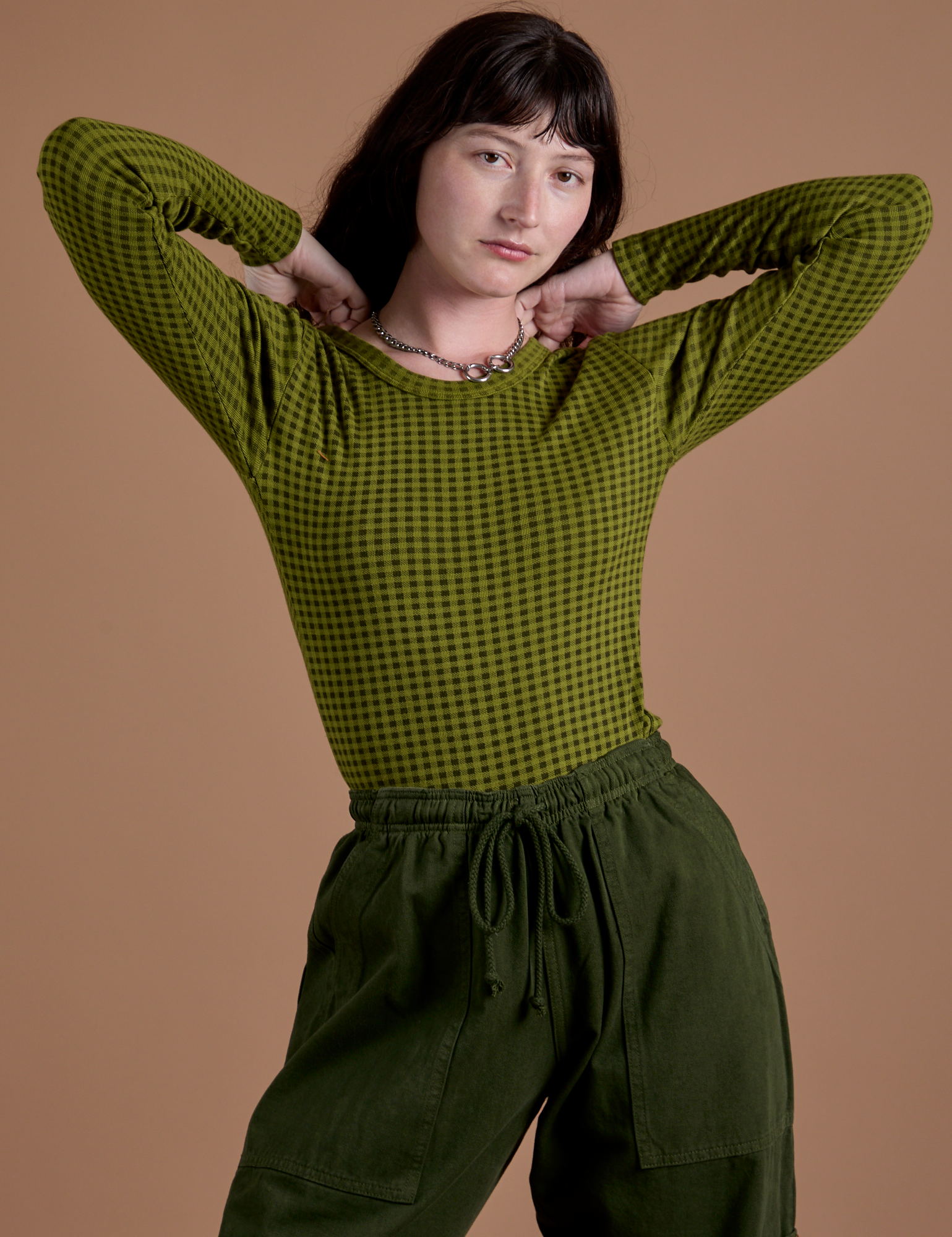 Gingham Long Sleeve Baby Tee in Summer Olive on Alex