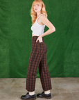 Side view of Gingham Western Pants in Fudge Brown and Cropped Tank in vintage tee off-white on Margaret