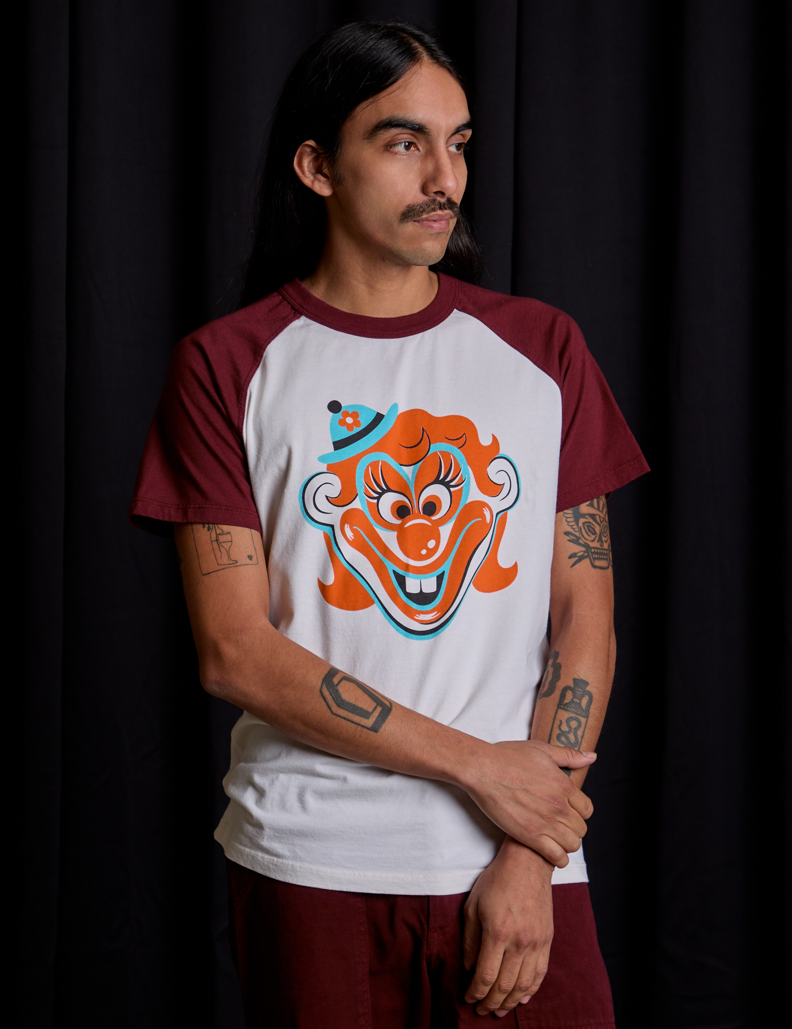 Raglan Tee in Clown worn by Anthony