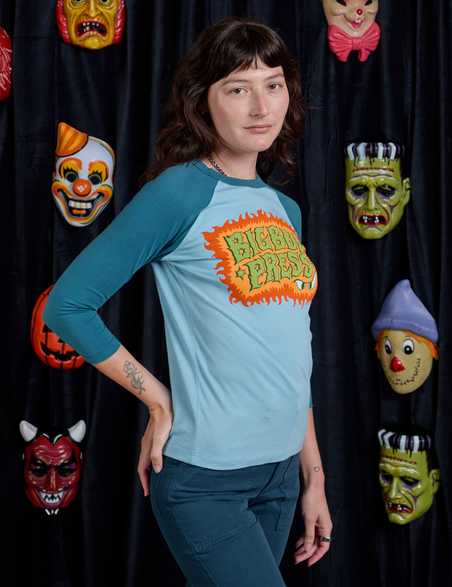 Raglan Tee in Haunted BBP side view on Alex