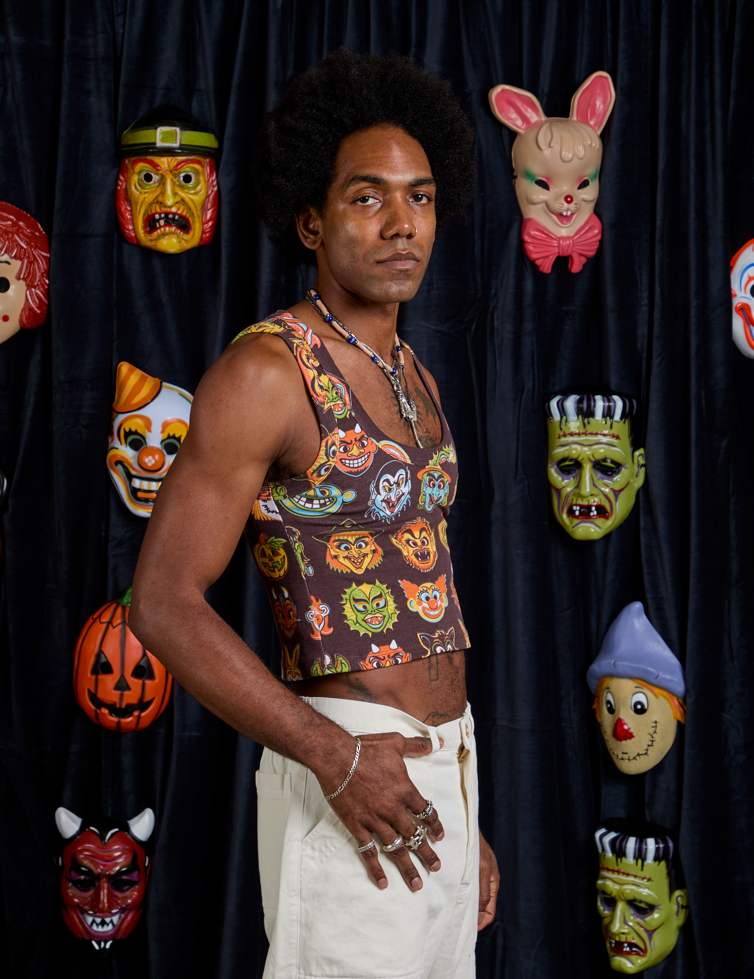 Cropped Tank Top in Halloween Masks side view on Jerrod