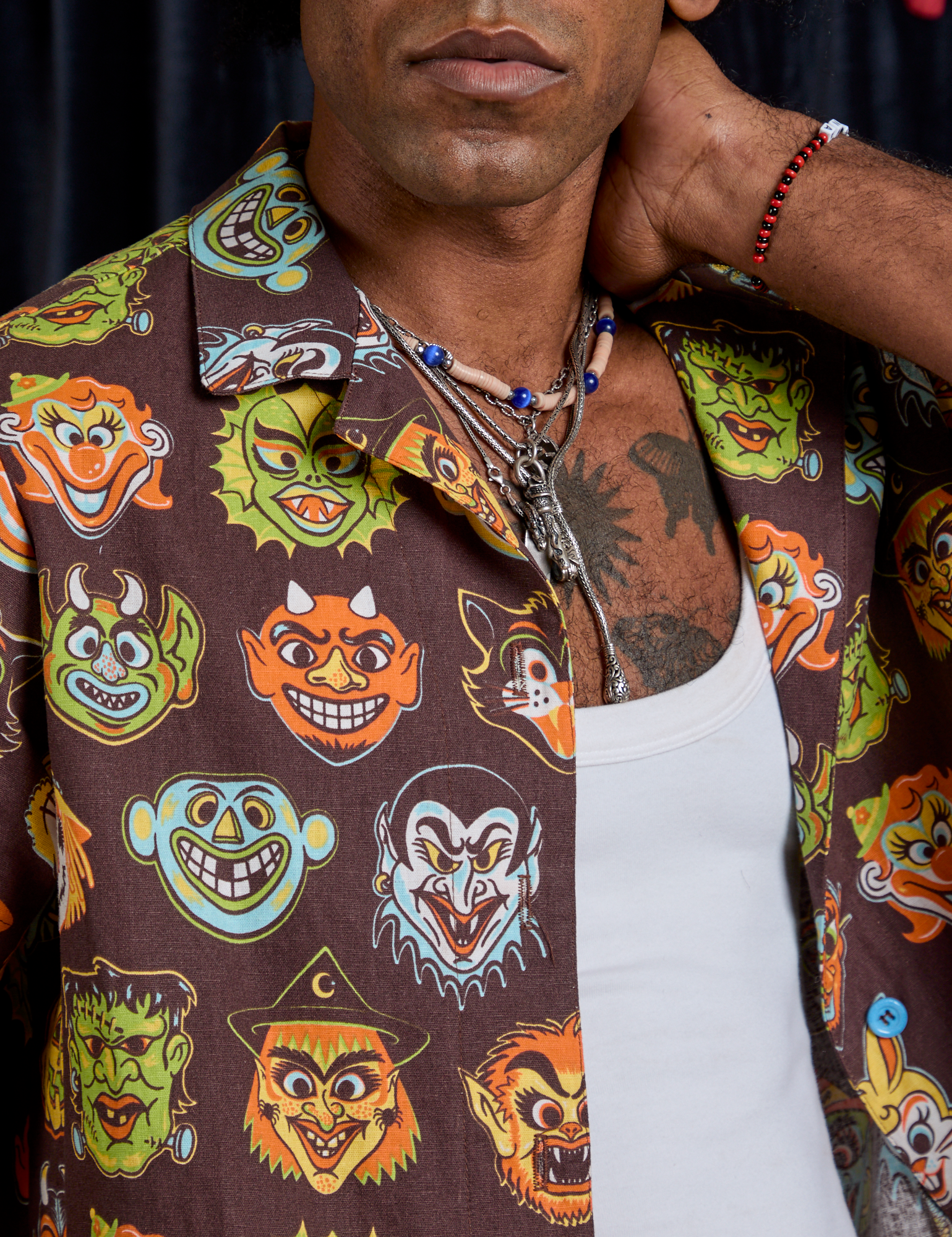 Halloween Masks Pantry Button-Up close up on Jerrod