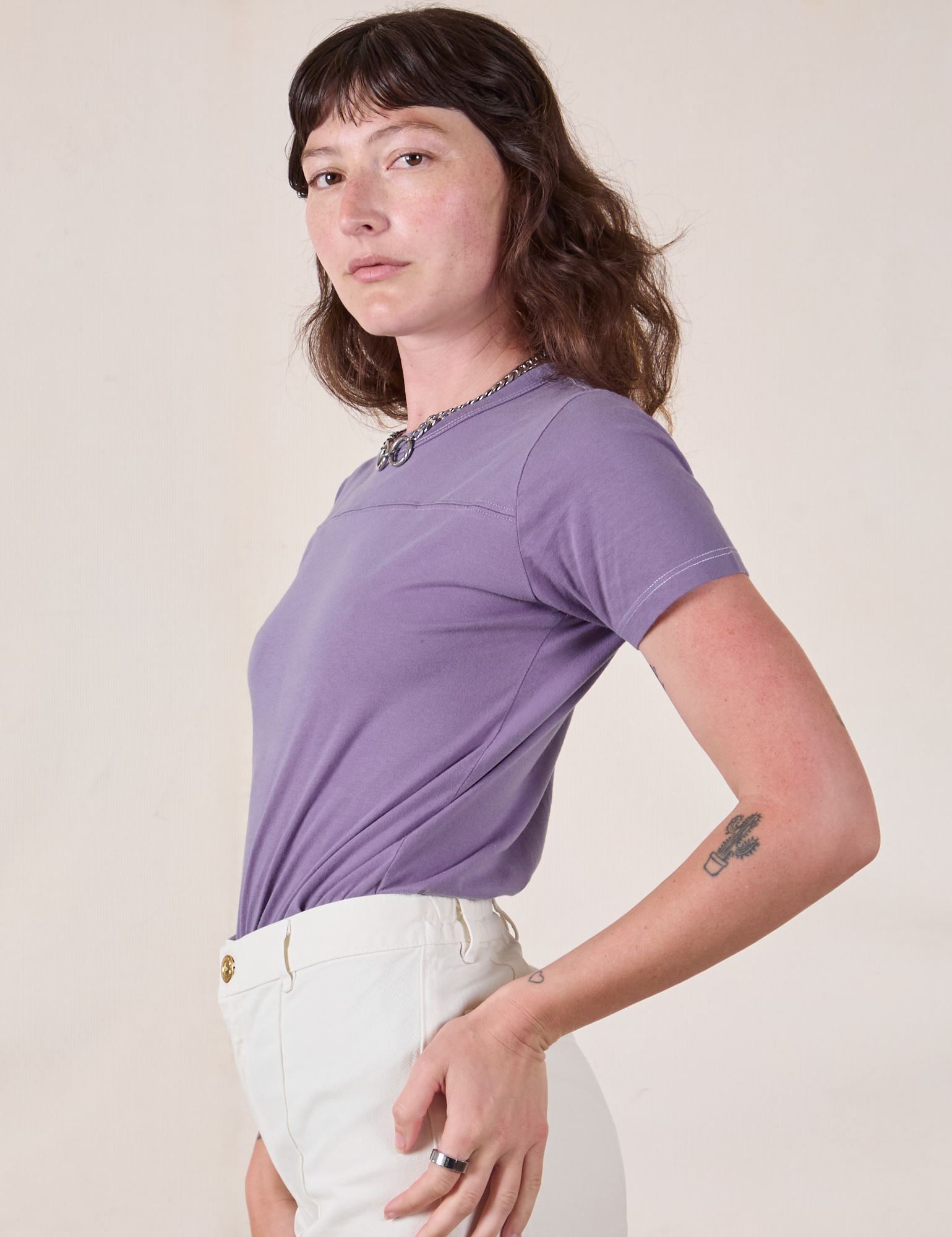 Side view of Jr. Varsity Tee in Faded Grape on Alex