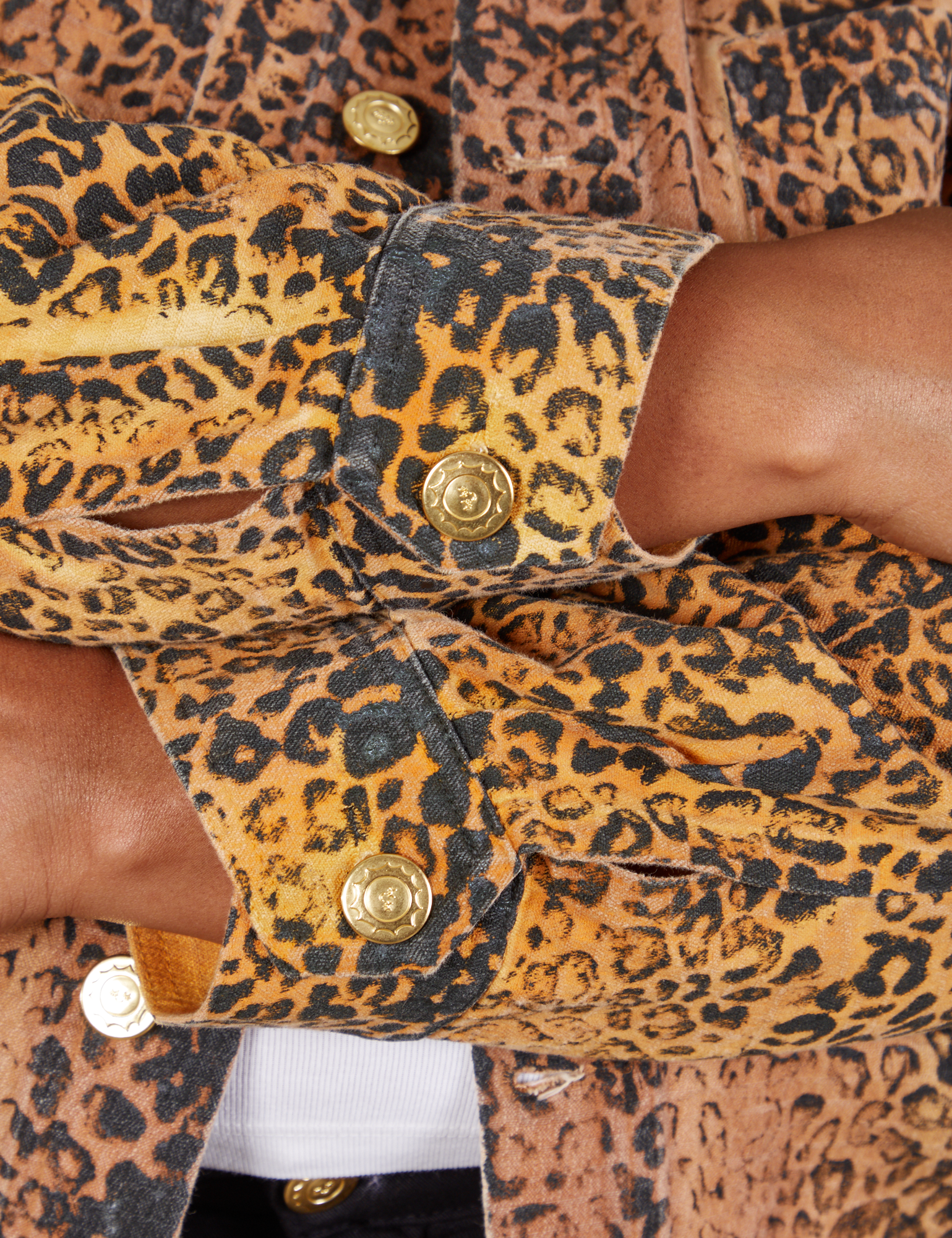 Field Coat in Leopard Print sleeve close up on Morgan