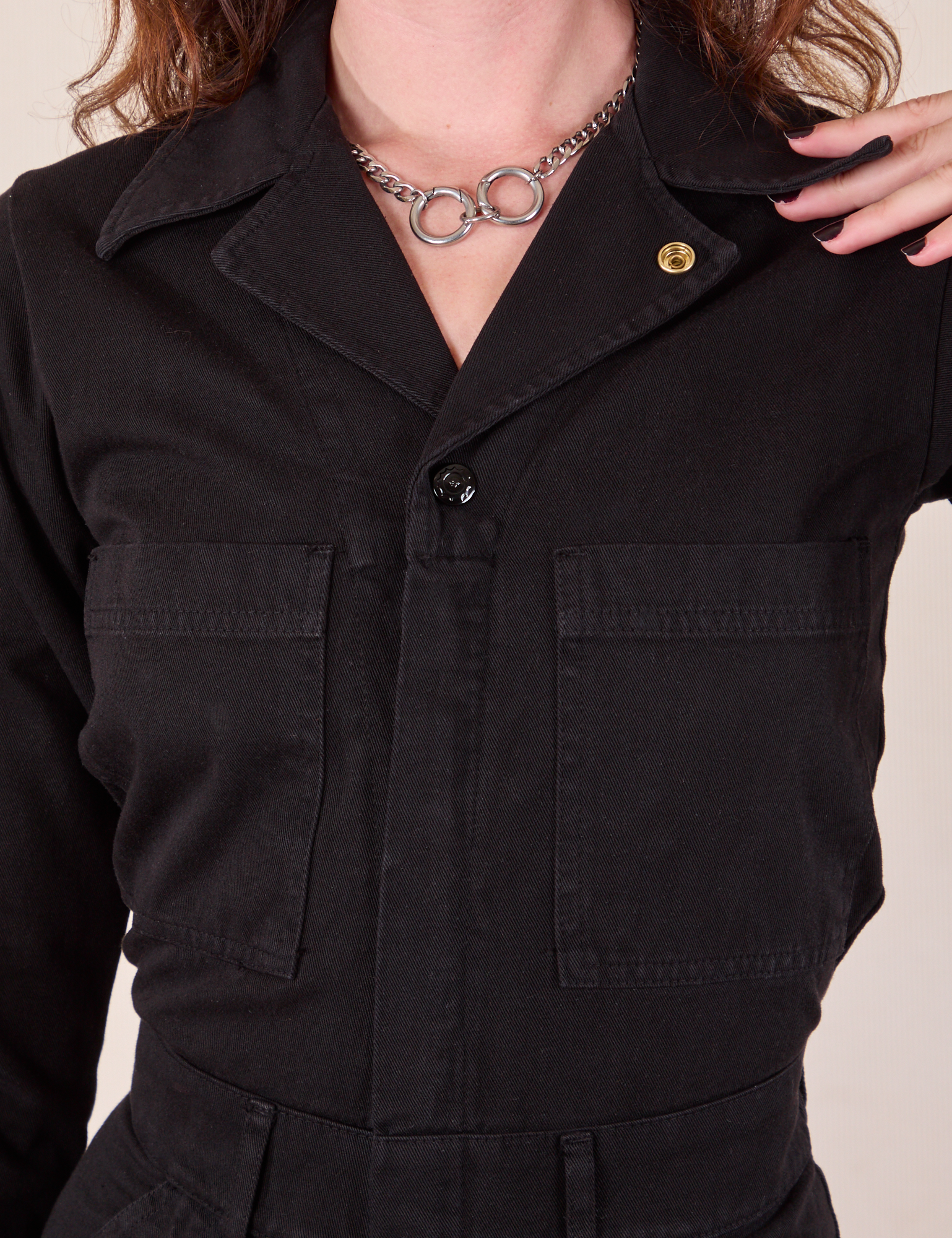 Long Sleeve Jumpsuit in Basic Black front close up on Alex