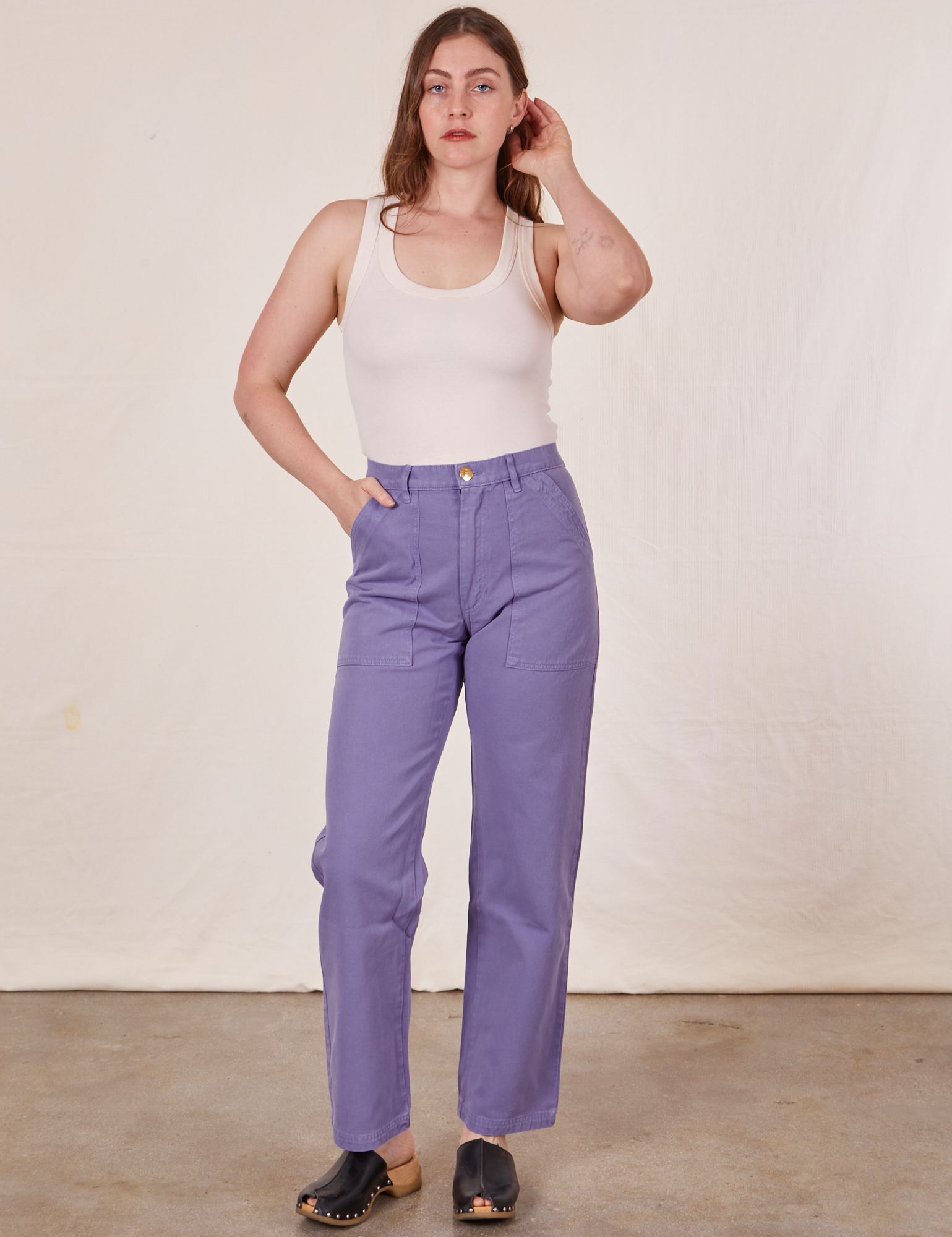Allison is 5&#39;10&quot; and wearing Long S Work Pants in Faded Grape paired with vintage off-white Tank Top