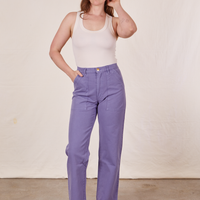 Allison is 5'10" and wearing Long S Work Pants in Faded Grape paired with vintage off-white Tank Top