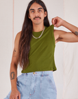 Anthony is 5’10” and wearing S Muscle Tee in Summer Olive