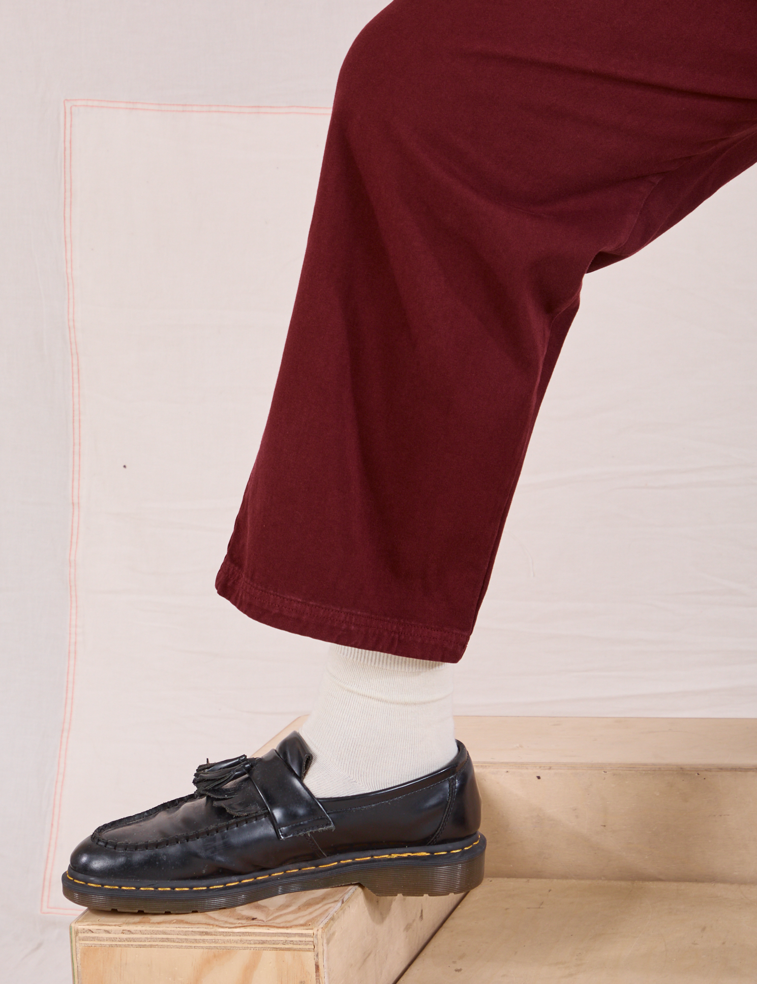 Mid-Rise Work Pants in Red Wine pant leg close up on Elijah