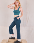 Side view of Mid-Rise Work Pants in Lagoon and marine blue Cropped Tank on Margaret