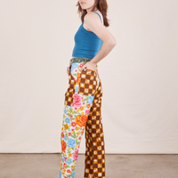 Side view of Mismatched Print Work Pants and marine blue Cropped Cami worn by Hana
