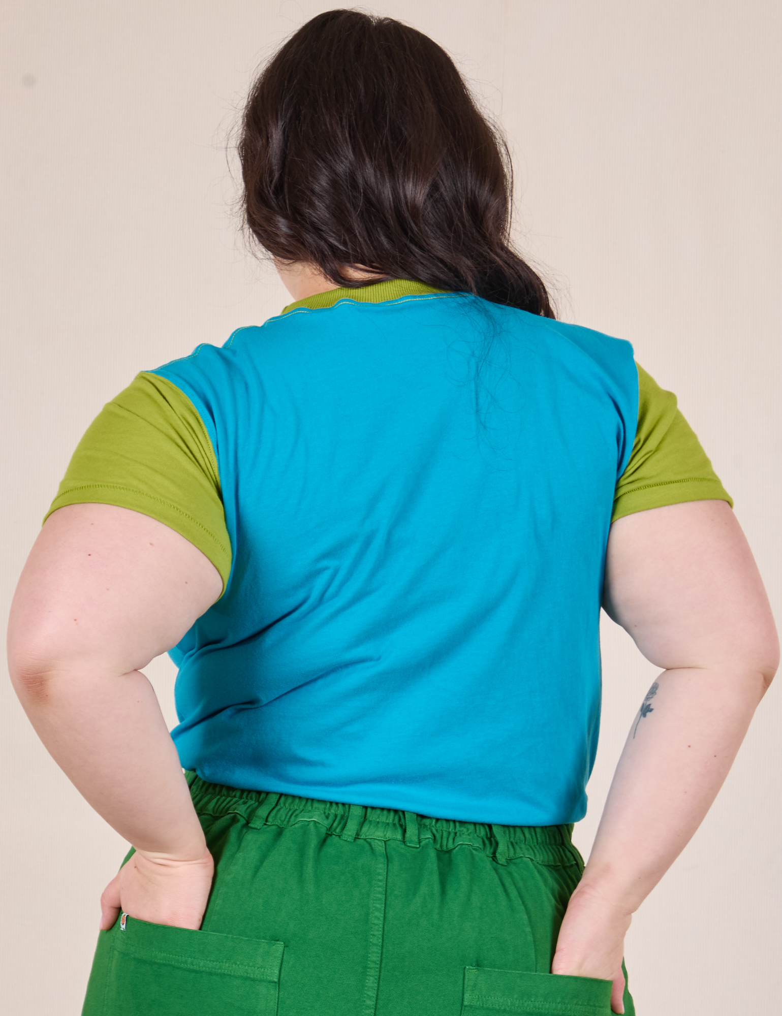 Mismatched Tee in Blue &amp; Green back view on Ashley