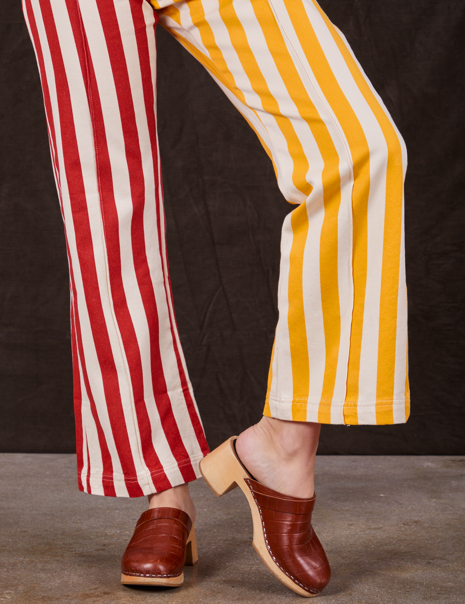 Western Pants in Ketchup/Mustard Stripes pant leg close up on Alex