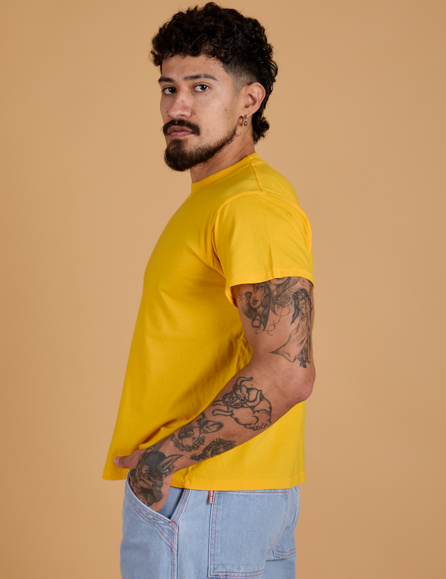 Organic Vintage Tee in Sunshine Yellow side view on Jesse